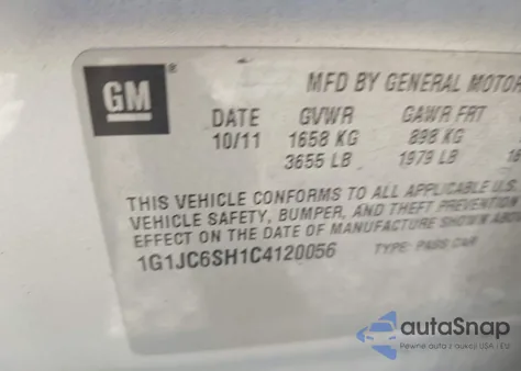 2012 Chevrolet Sonic 2Lt z USA, uszkodzony, nr VIN 1G1JC6SH1C4120056